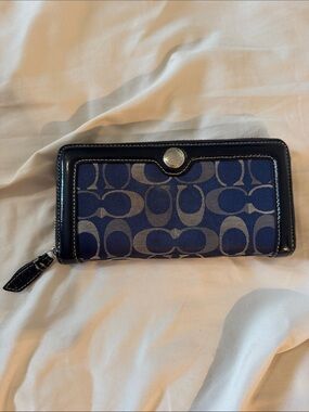 Coach Navy and Silver Signature Zip-Around Wallet
